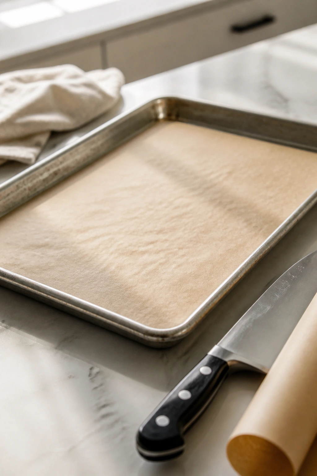 Rimmed sheet pan with parchment and knife in a clean kitchen
