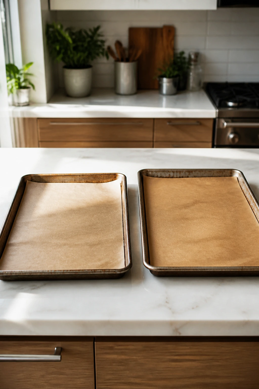 Two parchment-lined sheet pans ready for roasting on a kitchen counter