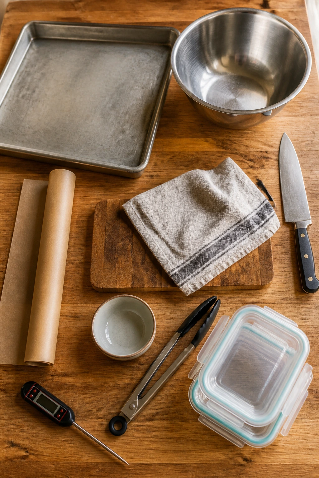 Top-down view of essential roasting tools on a kitchen counter