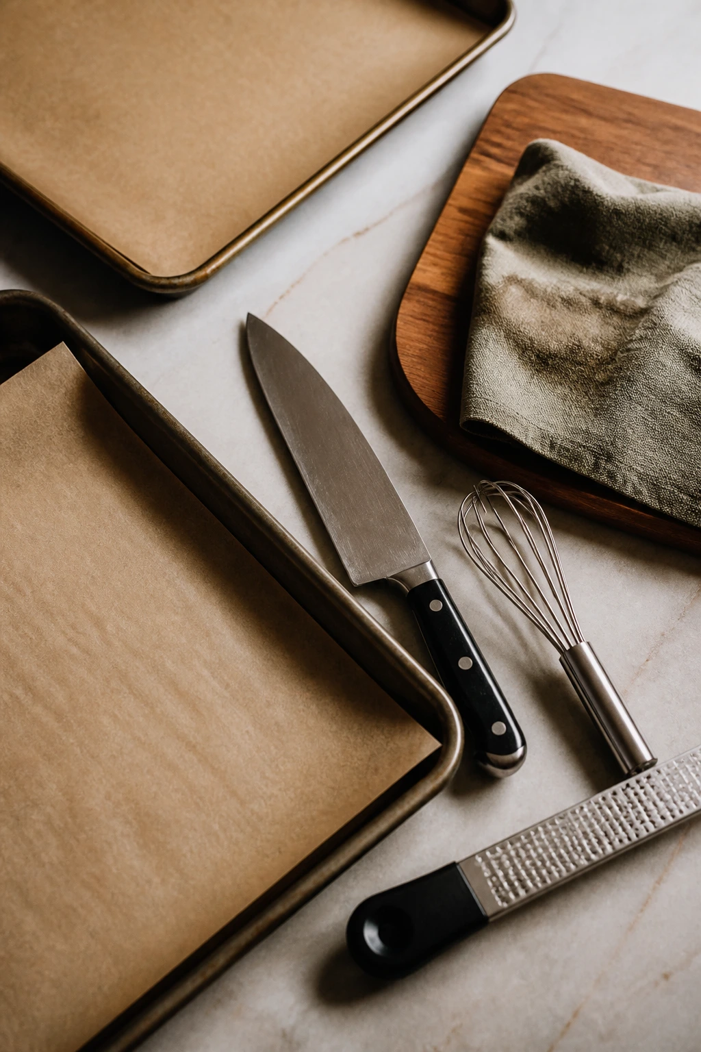 Close-up of essential roasting tools arranged on a counter