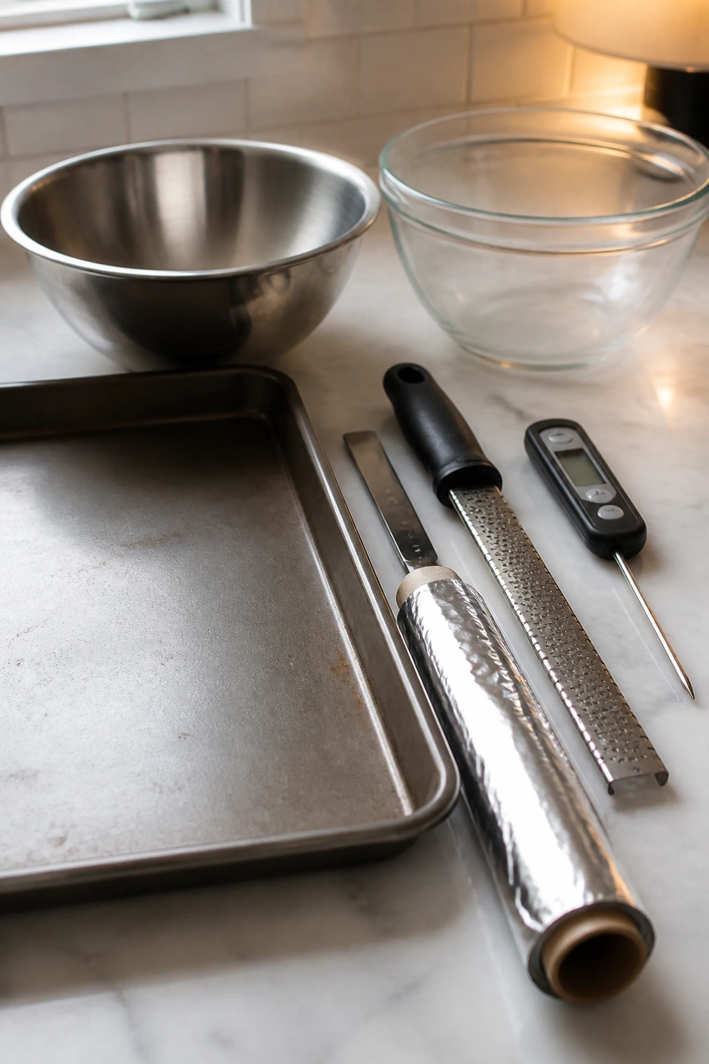 Roasting tools including sheet pan, foil, bowls, microplane, and thermometer arranged on a counter.