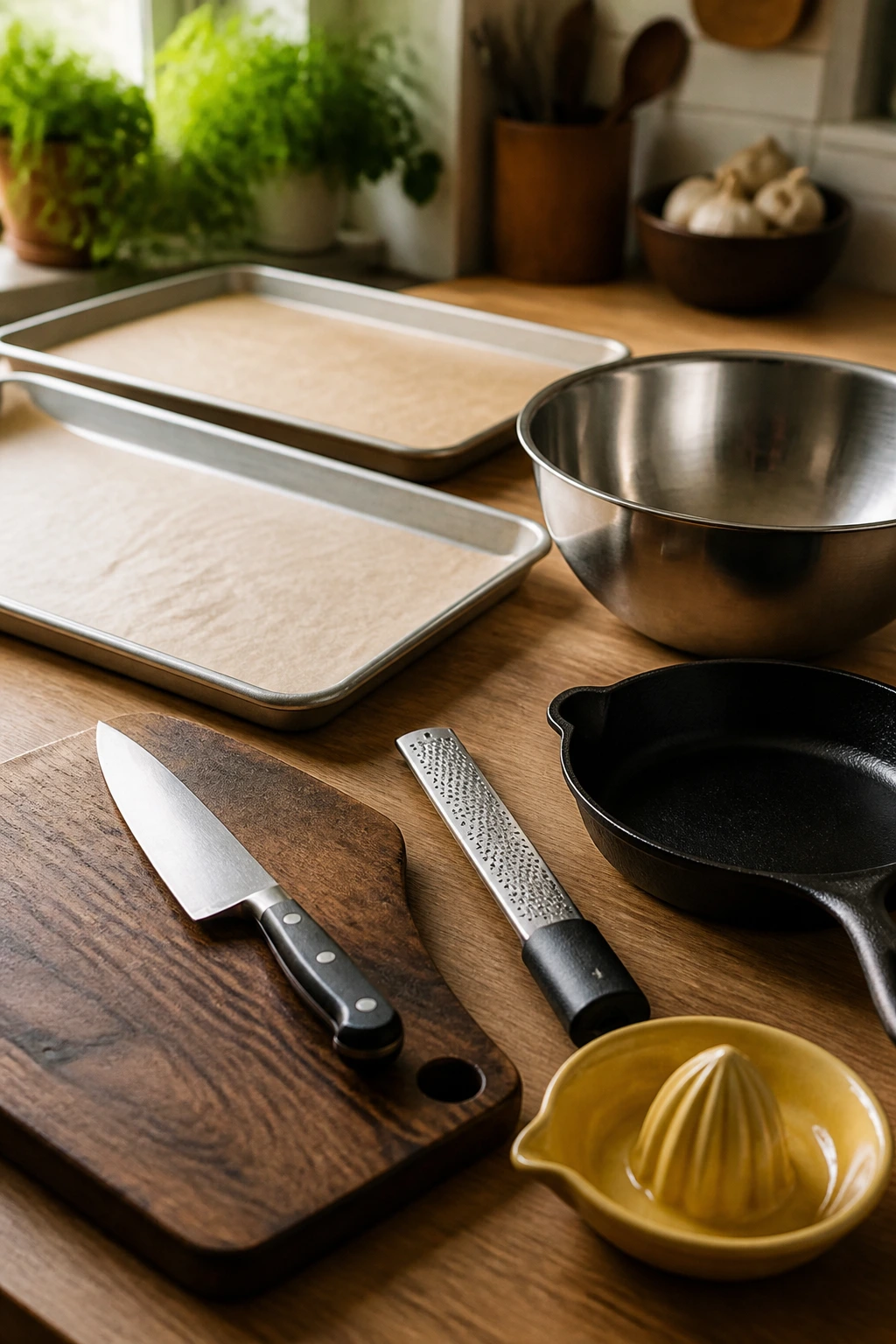 Close-up of roasting tools on a kitchen counter: parchment-lined pans, bowl, knife, cutting board, microplane, citrus juicer