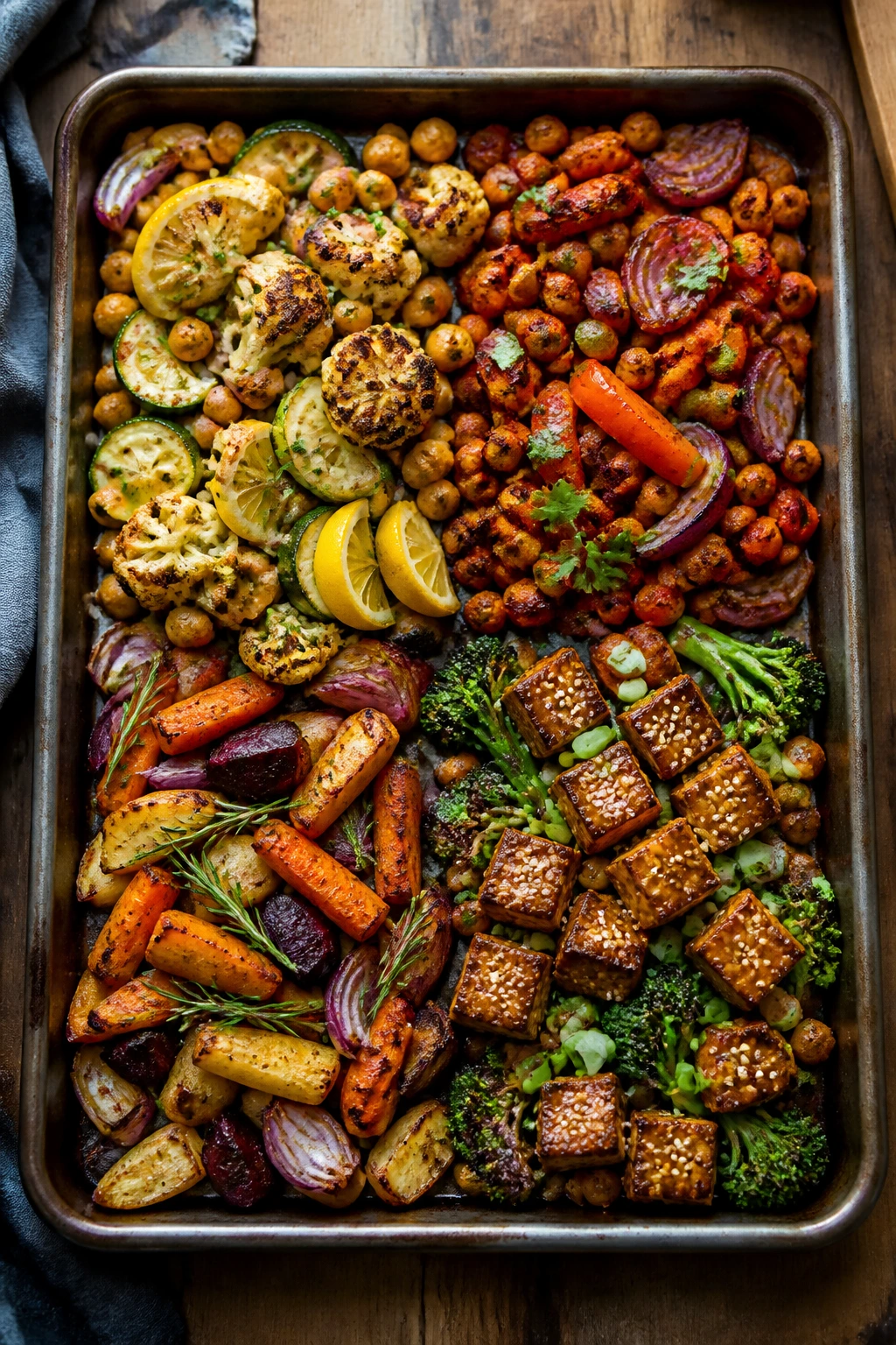 Four variation clusters on a roasting sheet pan
