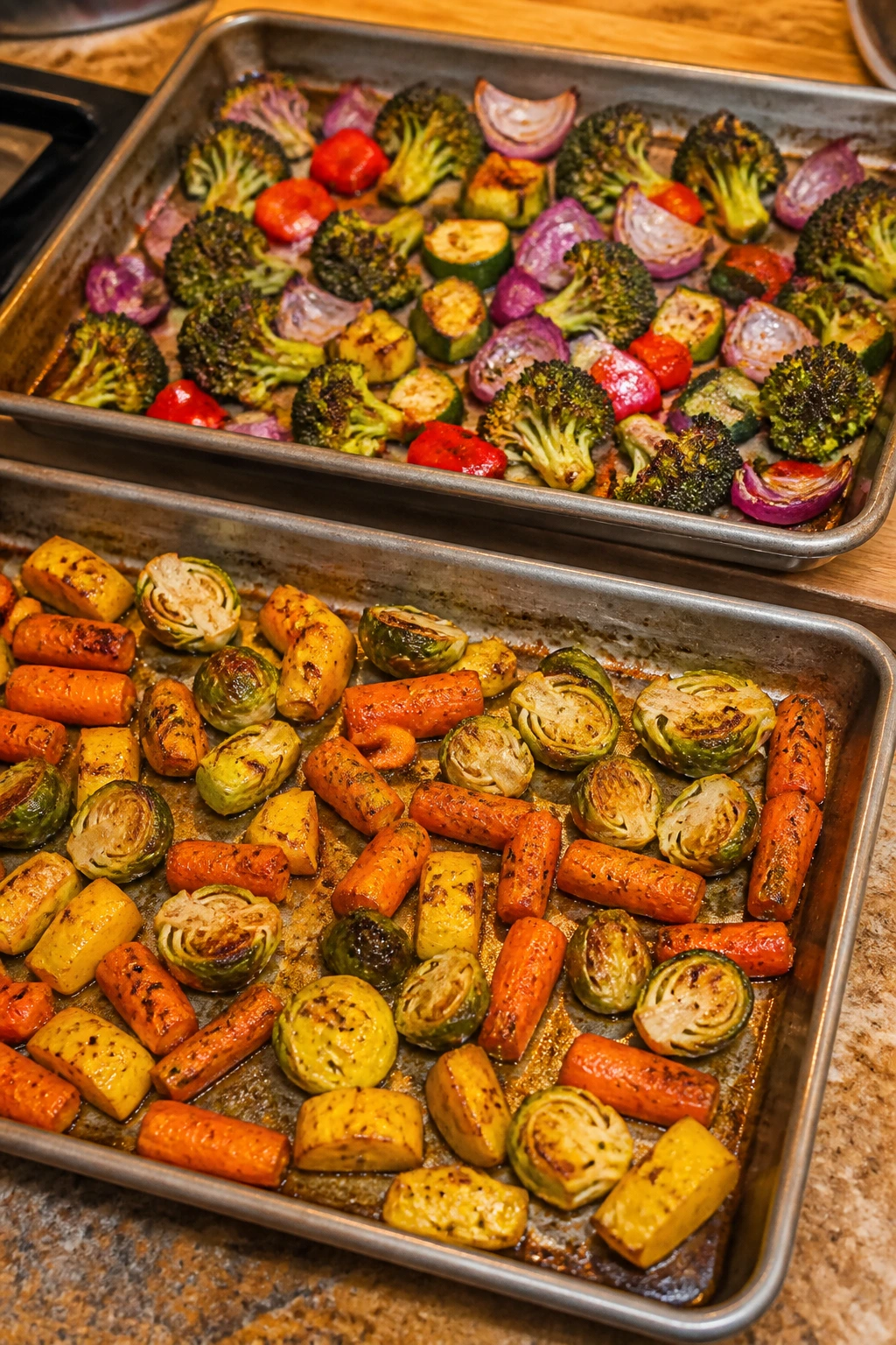 Two baking sheets with evenly spaced vegetables ready to roast
