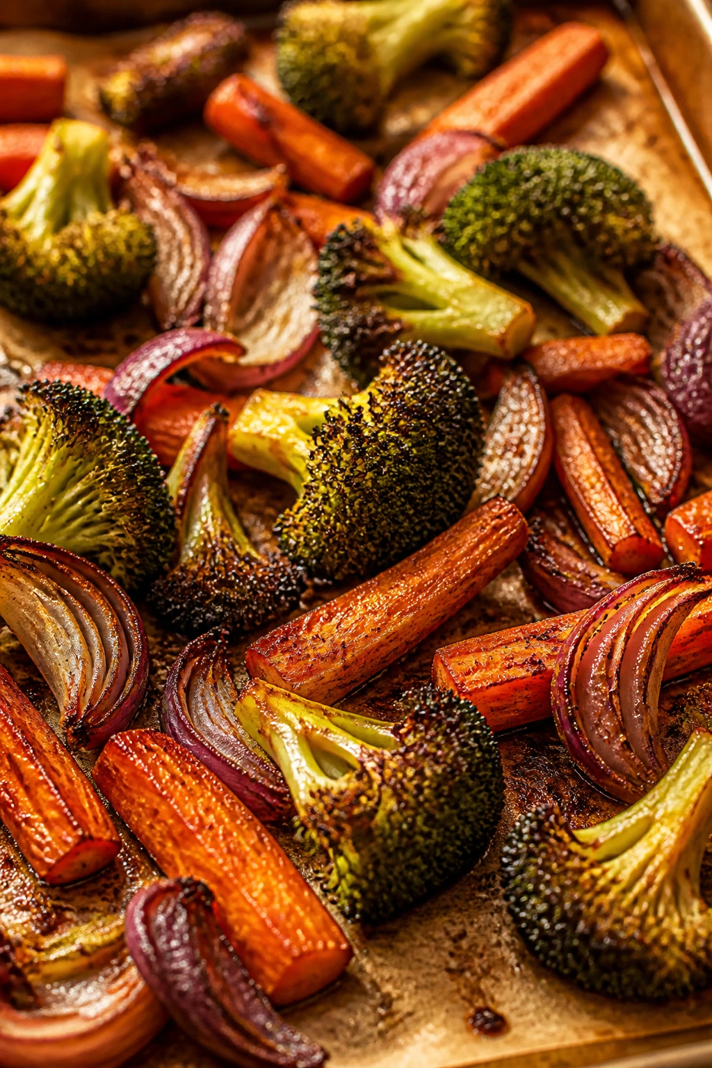 Vegetables with brown edges fresh from the oven on a sheet pan