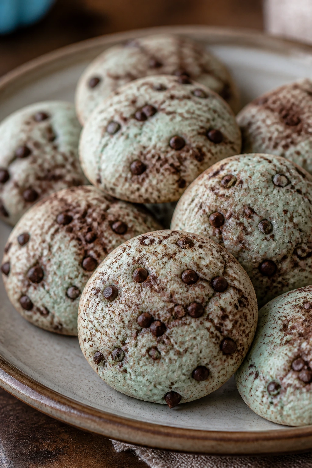 Close-up of robin’s egg chocolate chip cookies with cocoa speckles