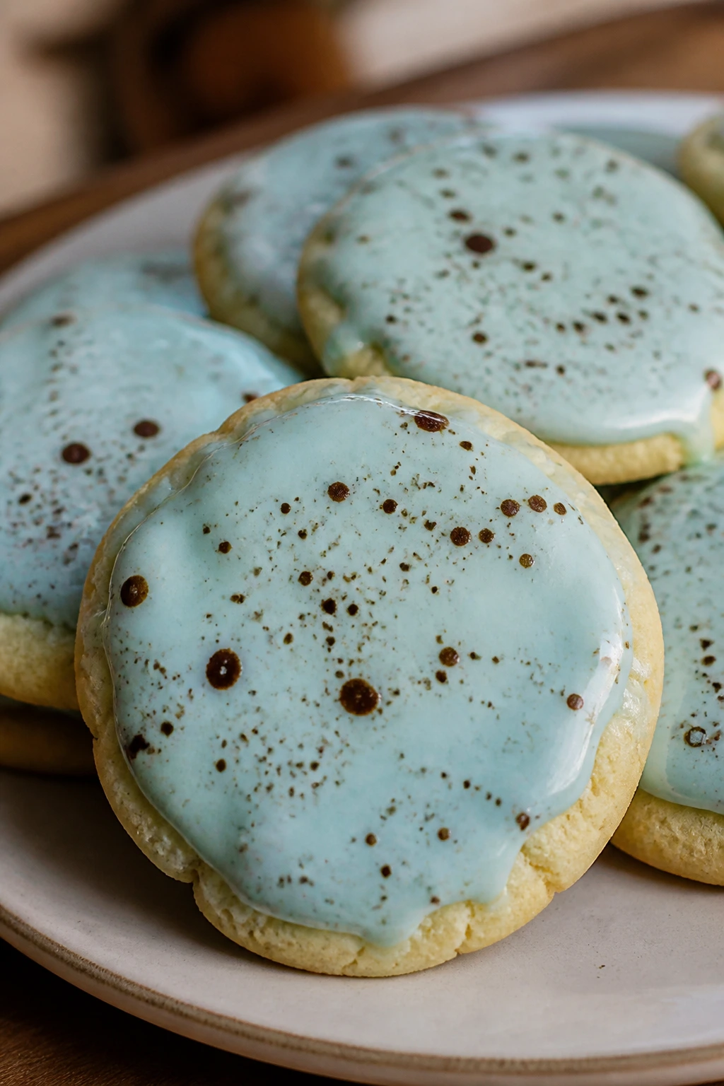 Pale blue speckled robin’s egg cookie