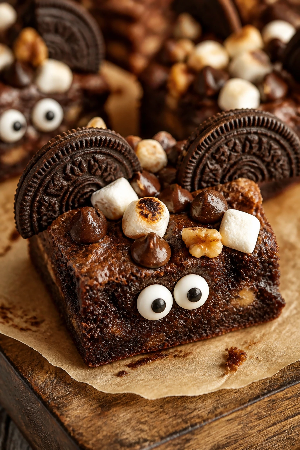 Close-up of a Rocky Road Bat Brownie with marshmallows and walnuts plus wings