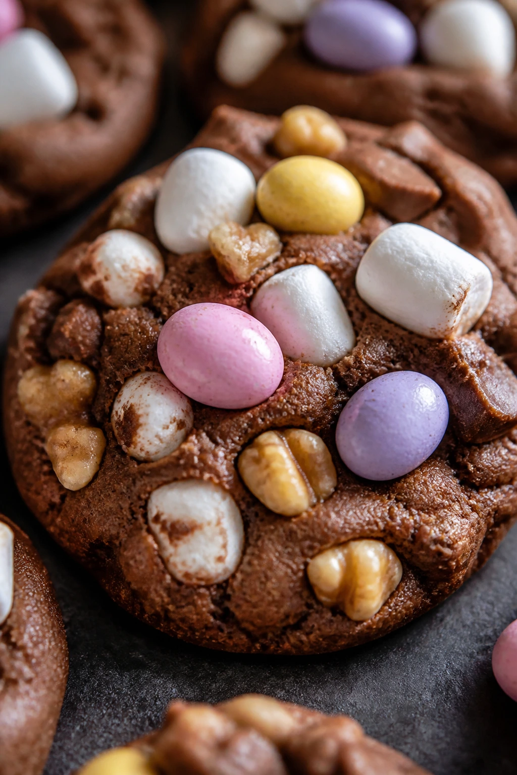 Close-up of Marshmallow Rocky Road Easter Cookie with marshmallows walnuts and pastel eggs
