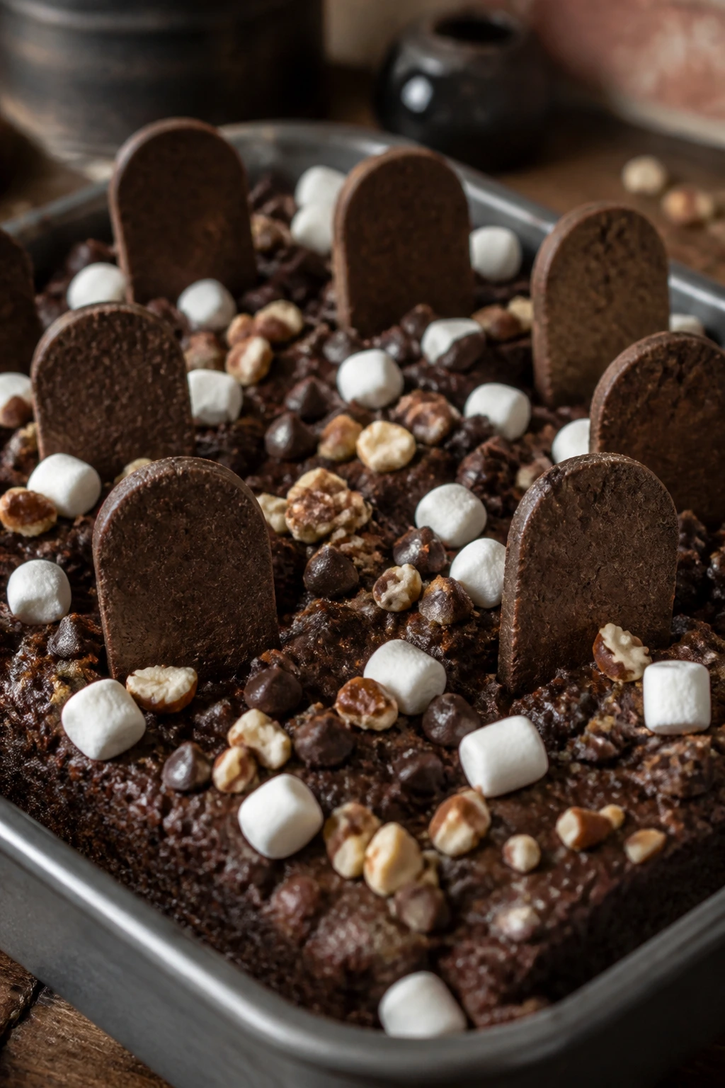 Close-up of Rocky Road Graveyard Brownies with marshmallows and nuts
