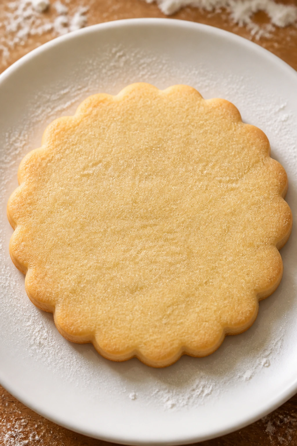 Close-up of a crisp roll-out sugar cookie on a plate.