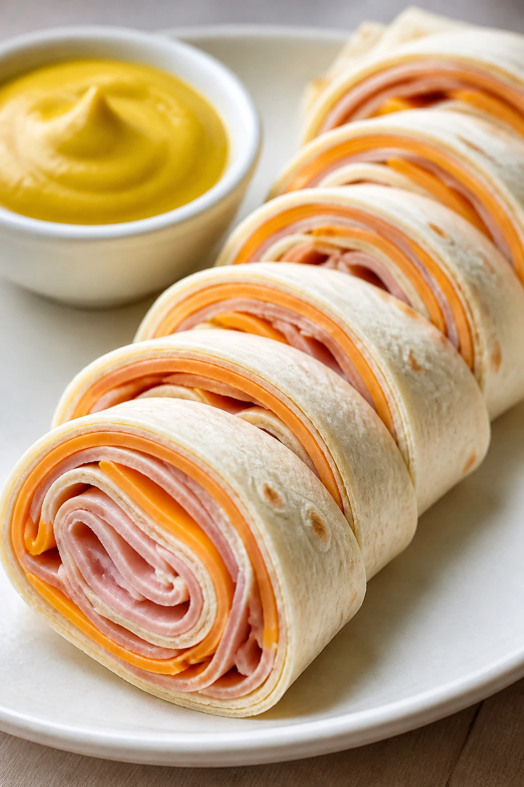 Close-up of ham and cheese roll-ups sliced into rounds on a plate with mustard dip