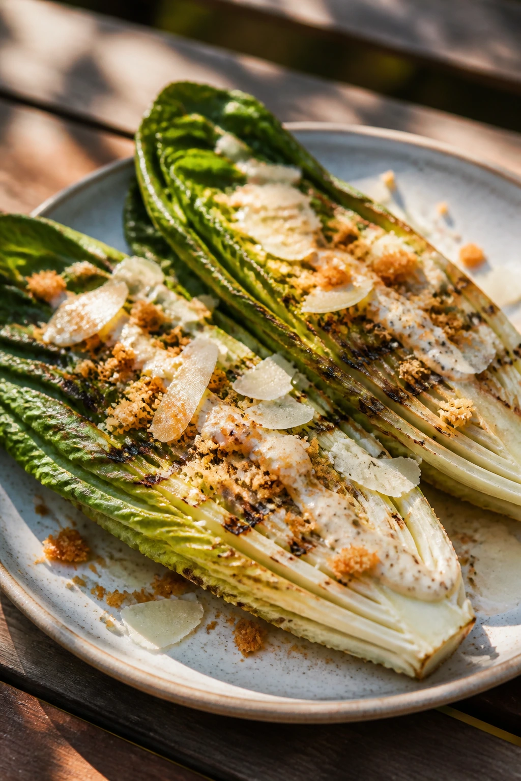 Grilled romaine caesar close-up on a rustic plate