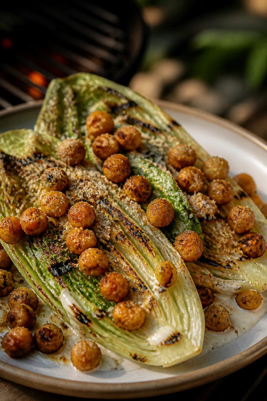Grilled romaine lettuce Caesar with smoky chickpea croutons on plate