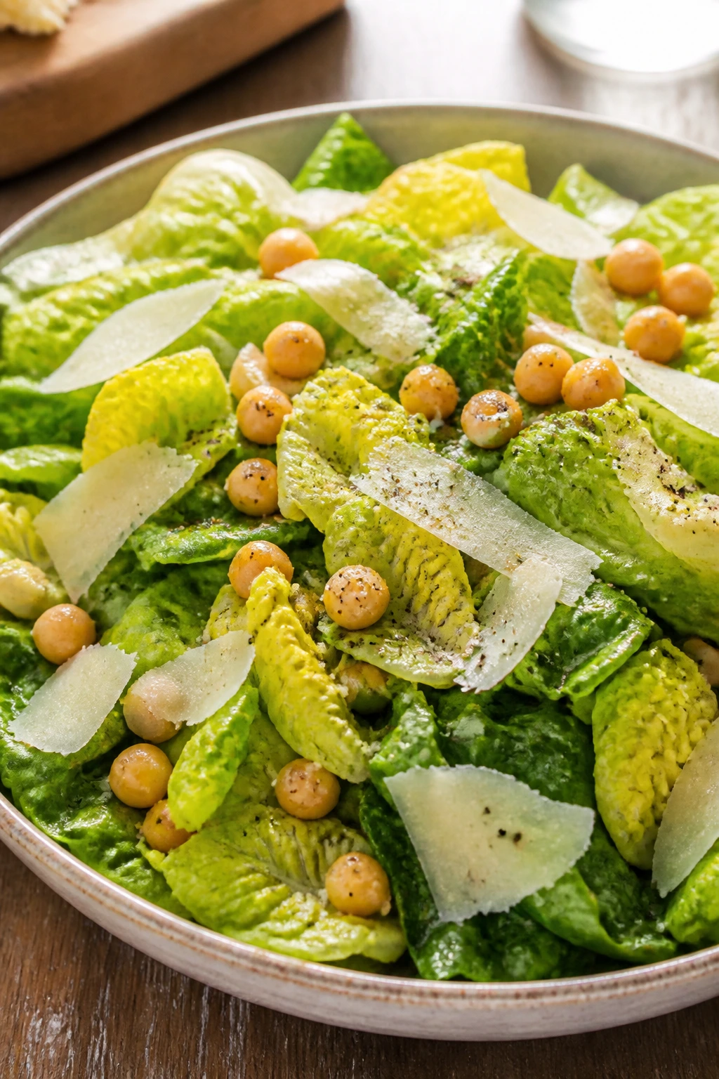 Romaine, chickpeas and parmesan in a bowl on a wooden table