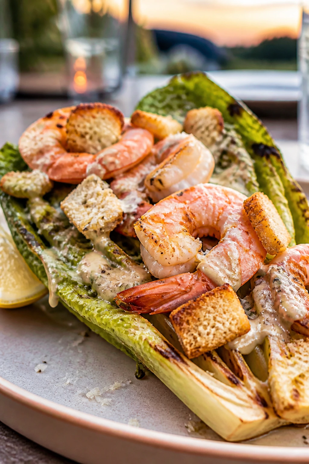 Grilled romaine with lemon shrimp on plate