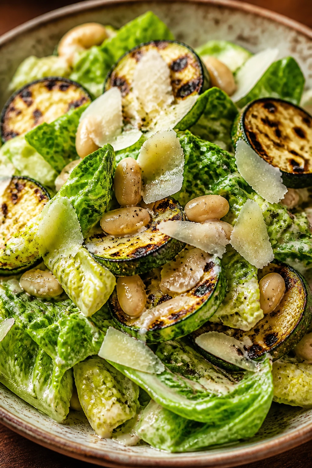 Close-up of romaine, charred zucchini, and white bean salad with Caesar-style dressing