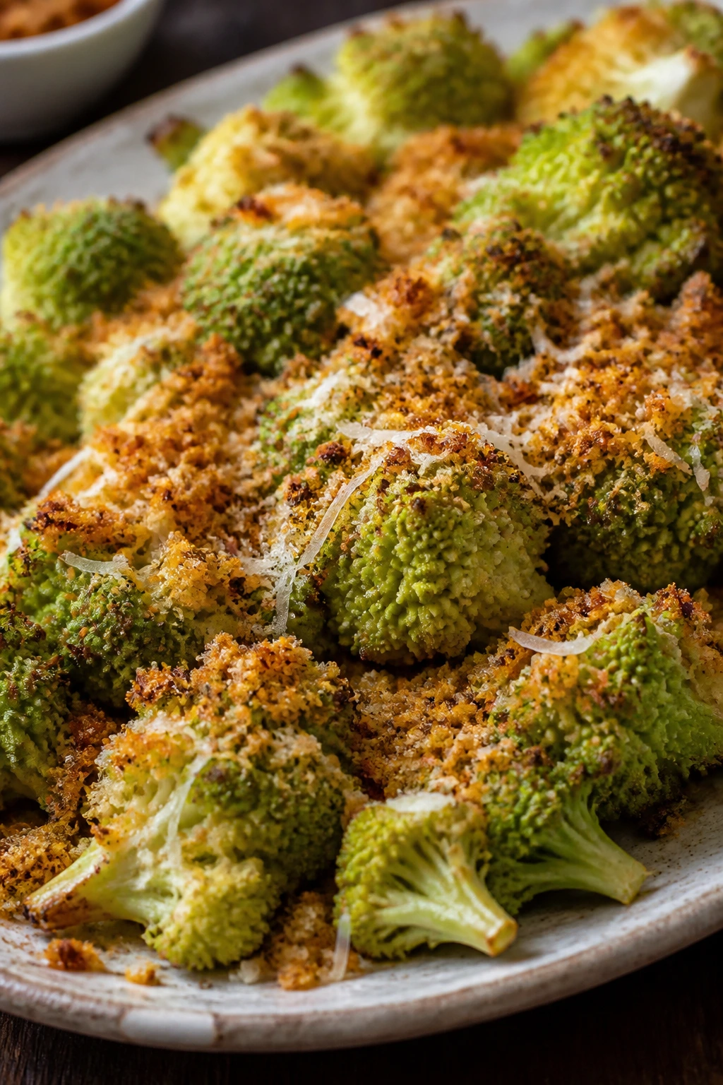 Romanesco with breadcrumbs on a rustic platter