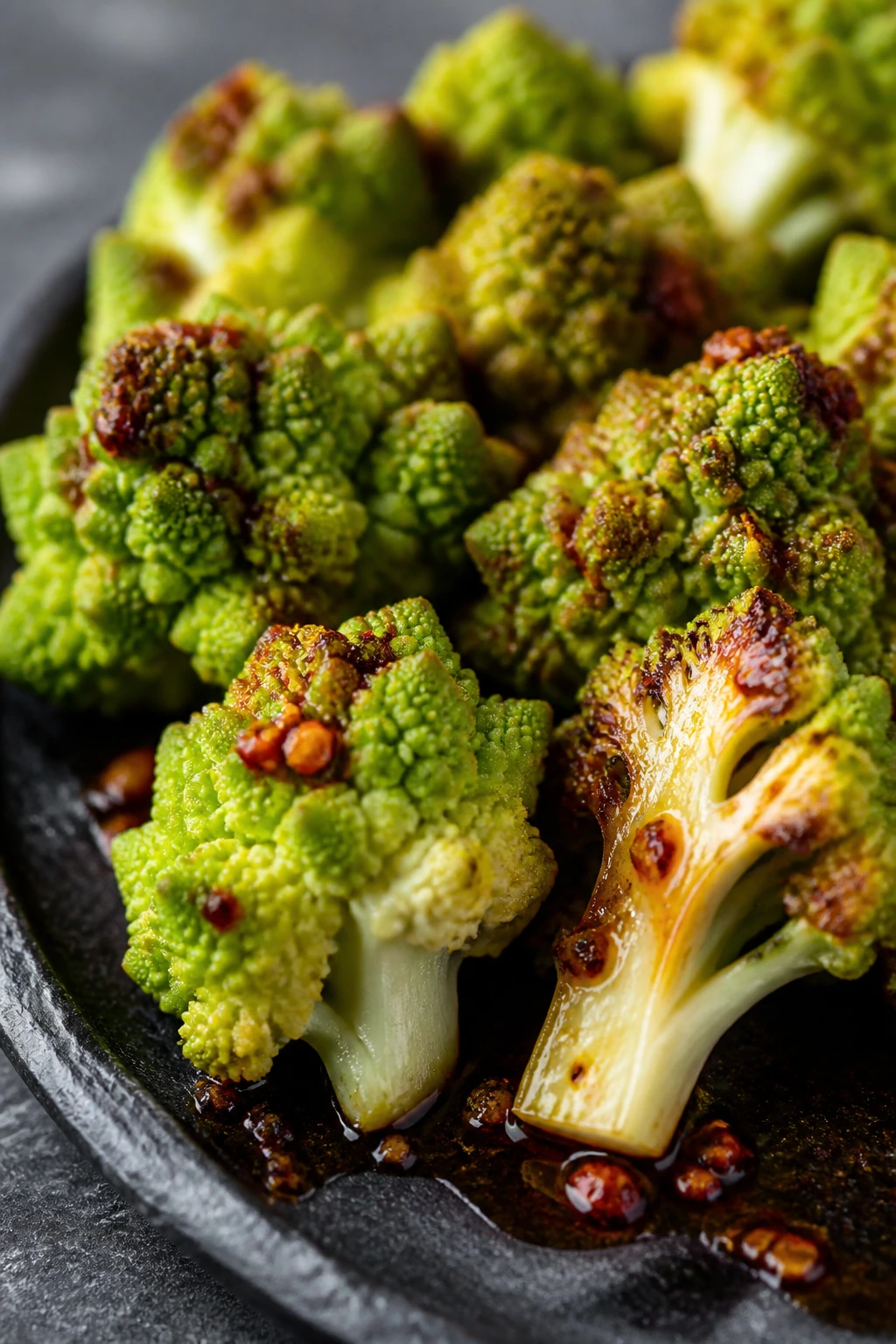 Romanesco florets with chili oil on slate plate.
