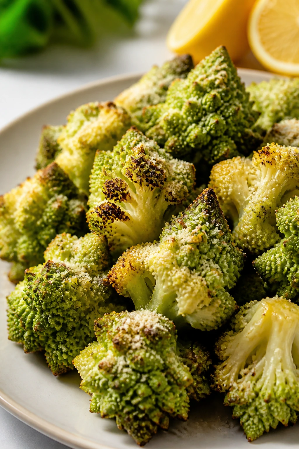 Close-up of romanesco florets roasted with garlic and Parmesan on a plate in a bright kitchen
