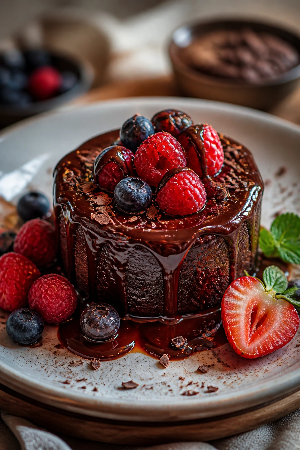 Close-up of glossy chocolate desserts and fresh berries arranged on a dessert board