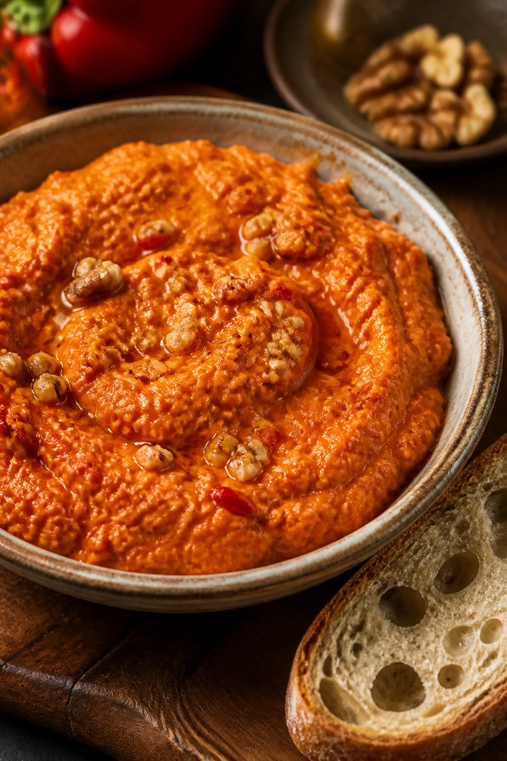 Romesco dip with roasted peppers and walnuts in a bowl