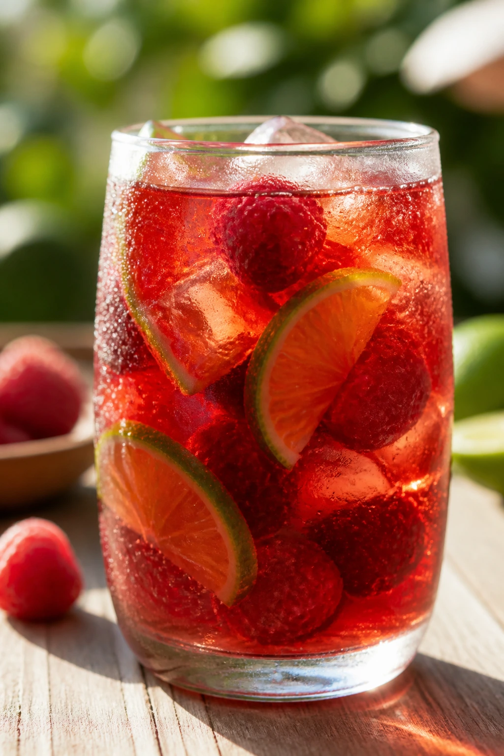 Glass of raspberry lime rooibos iced tea with raspberries and lime