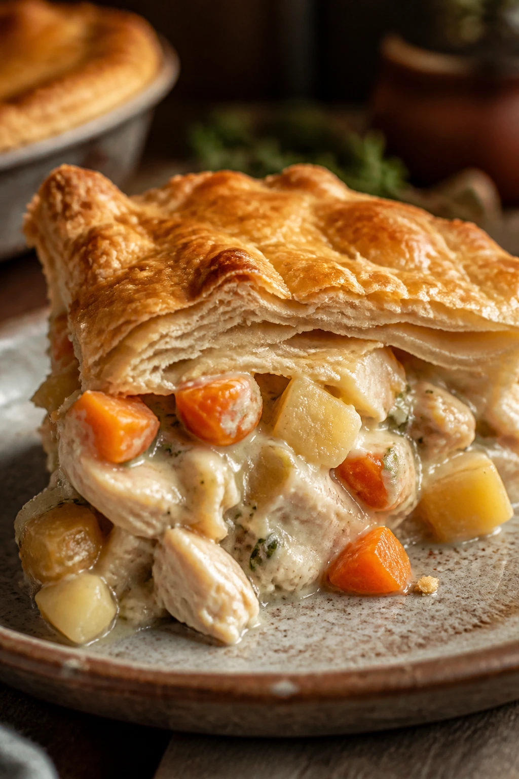 Slice of Chicken and Root Vegetable Pot Pie showing root vegetables