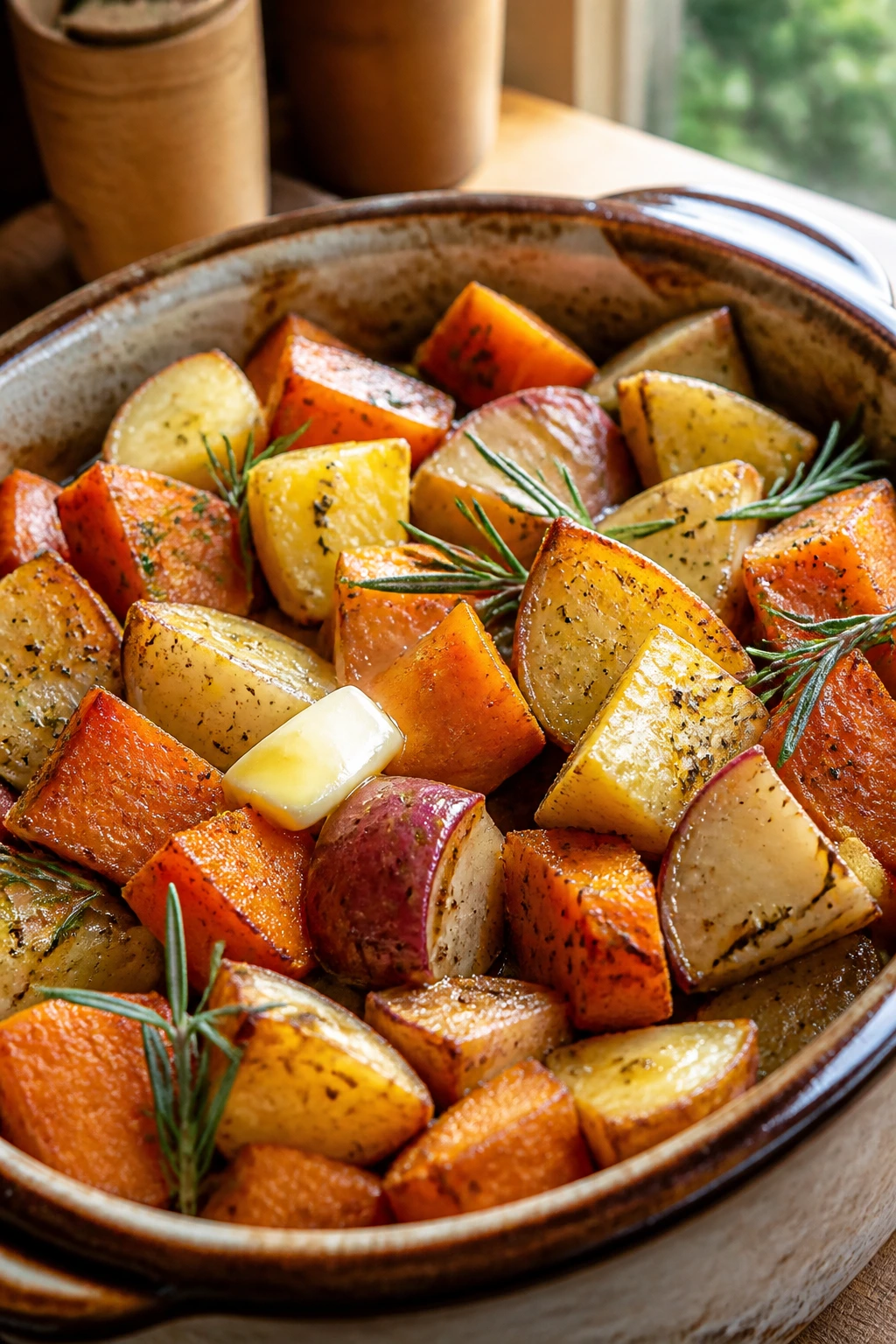 Close-up of root vegetable medley with rosemary in a rustic dish