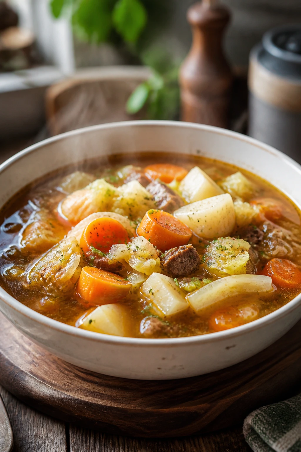 Steaming soup bowl with root vegetables in warm kitchen