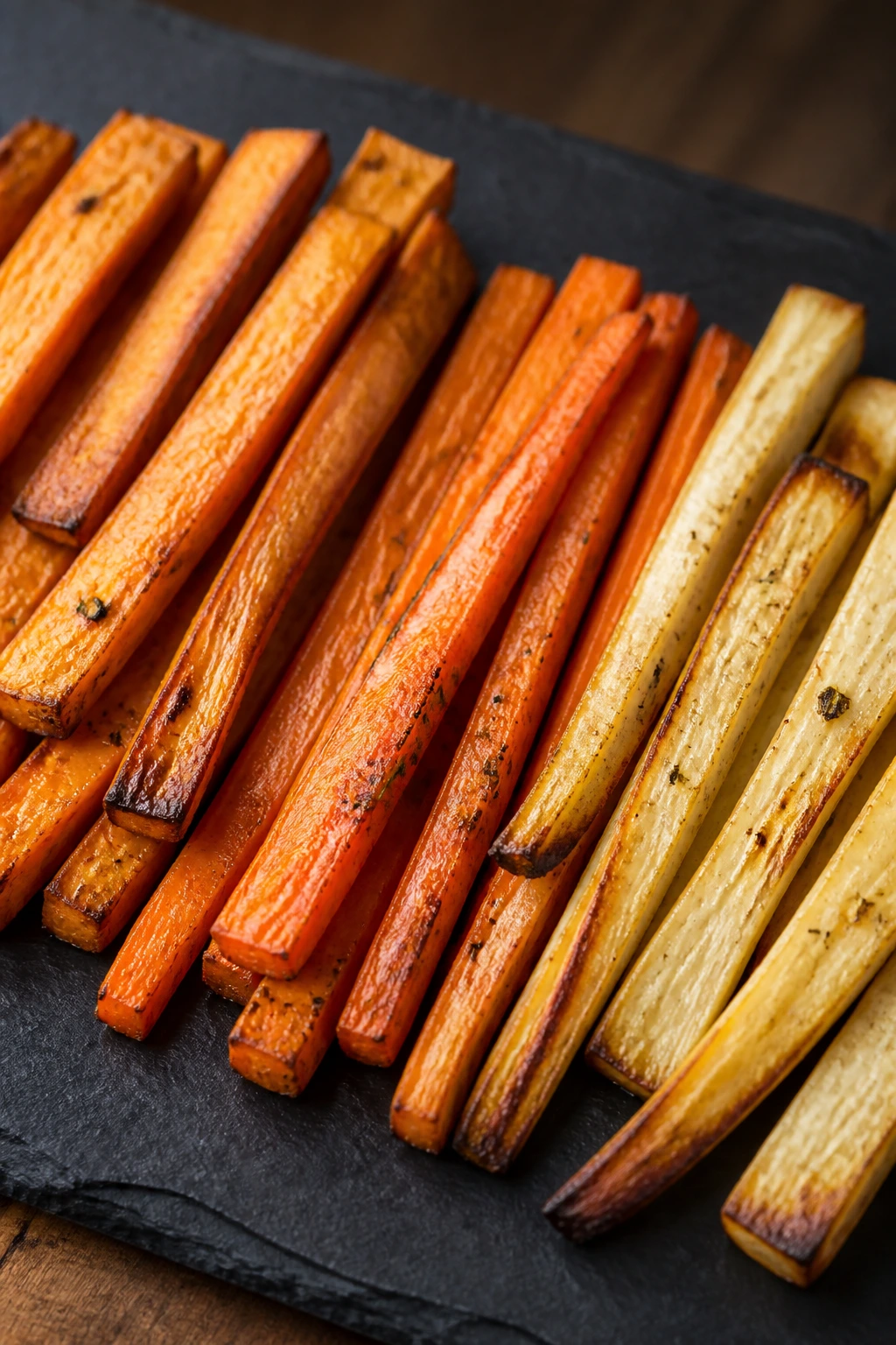 Root vegetables sliced into sticks showing browning on slate