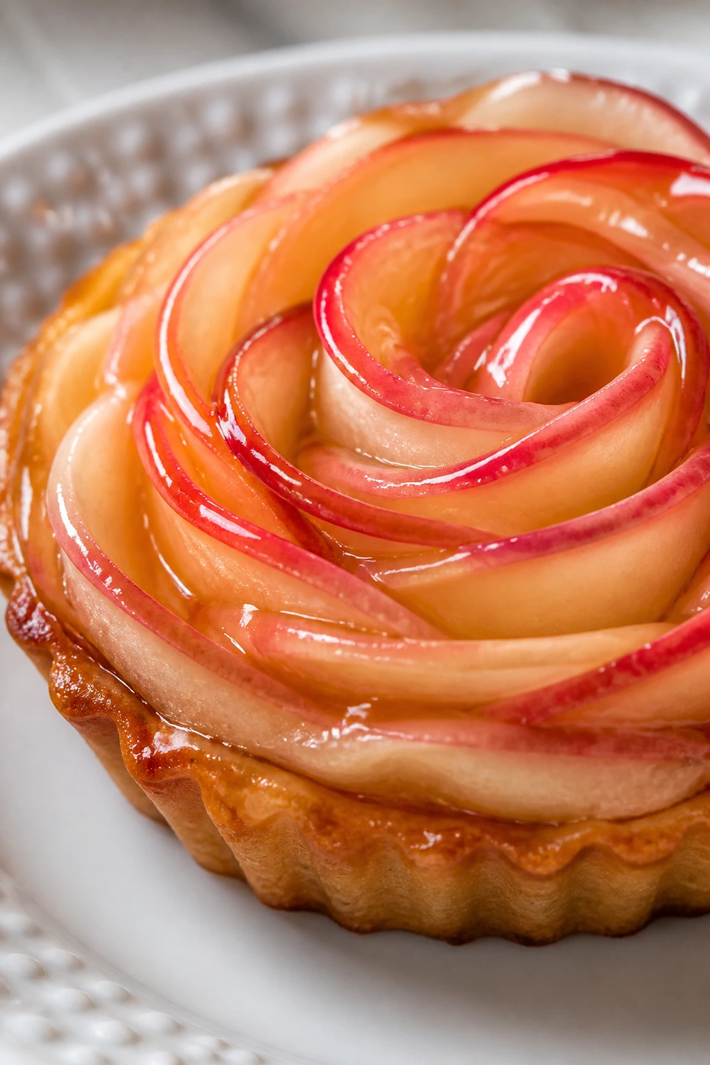 Rose apple tart with apple-rose pattern and glossy glaze on pastry