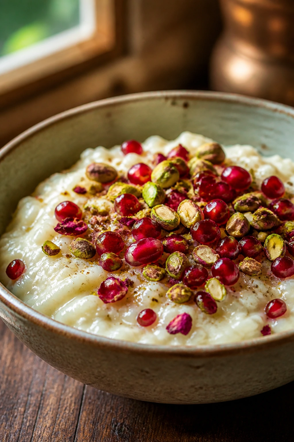 Close-up of Rose Cardamom Rice Pudding in a bowl with pistachios and pomegranate seeds