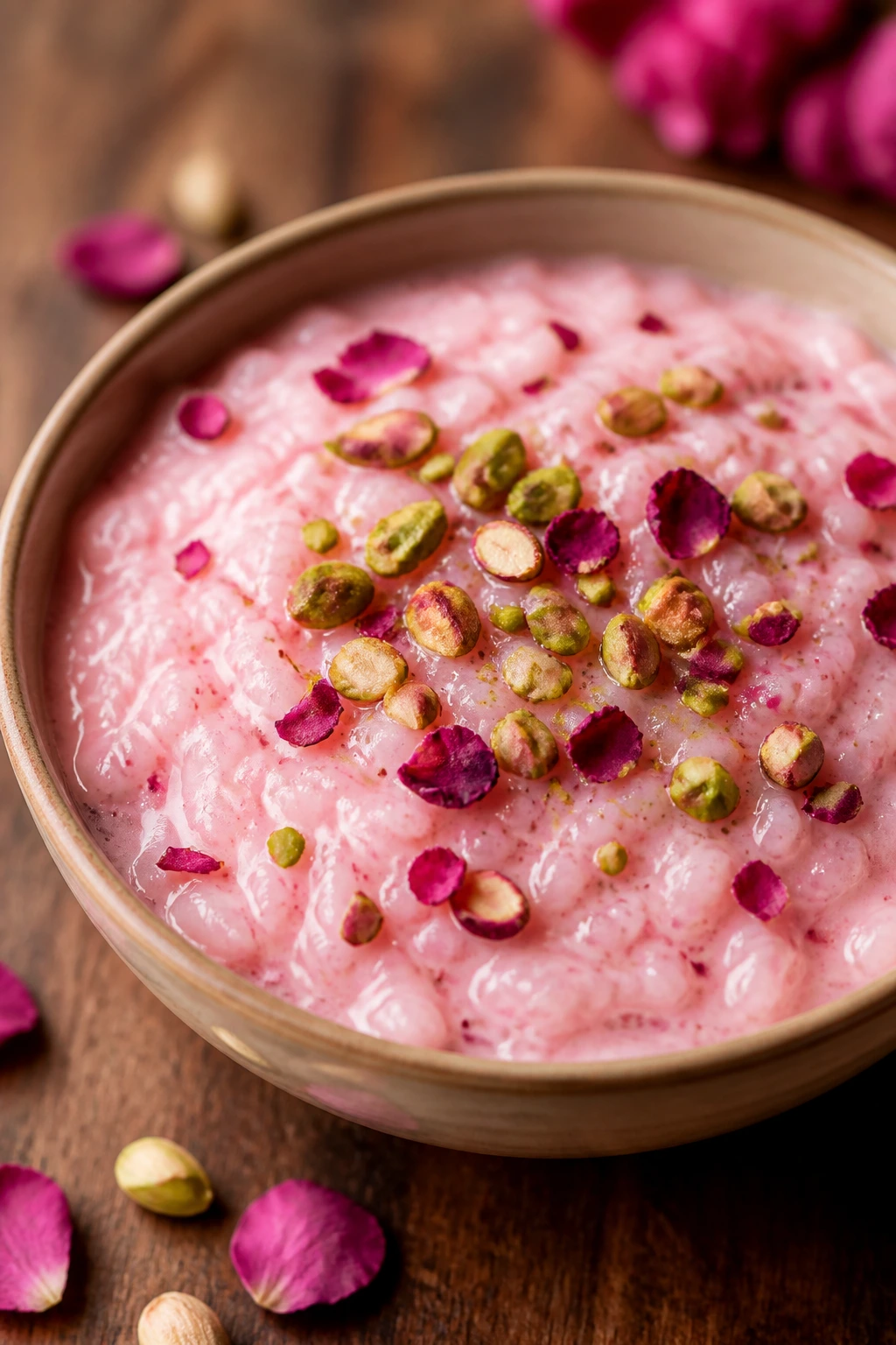Close-up of rose milk rice pudding with pistachios and rose petals