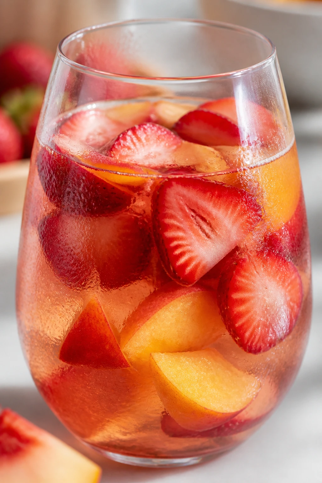 Close-up glass of Rosé Strawberry Sangria with strawberry slices.