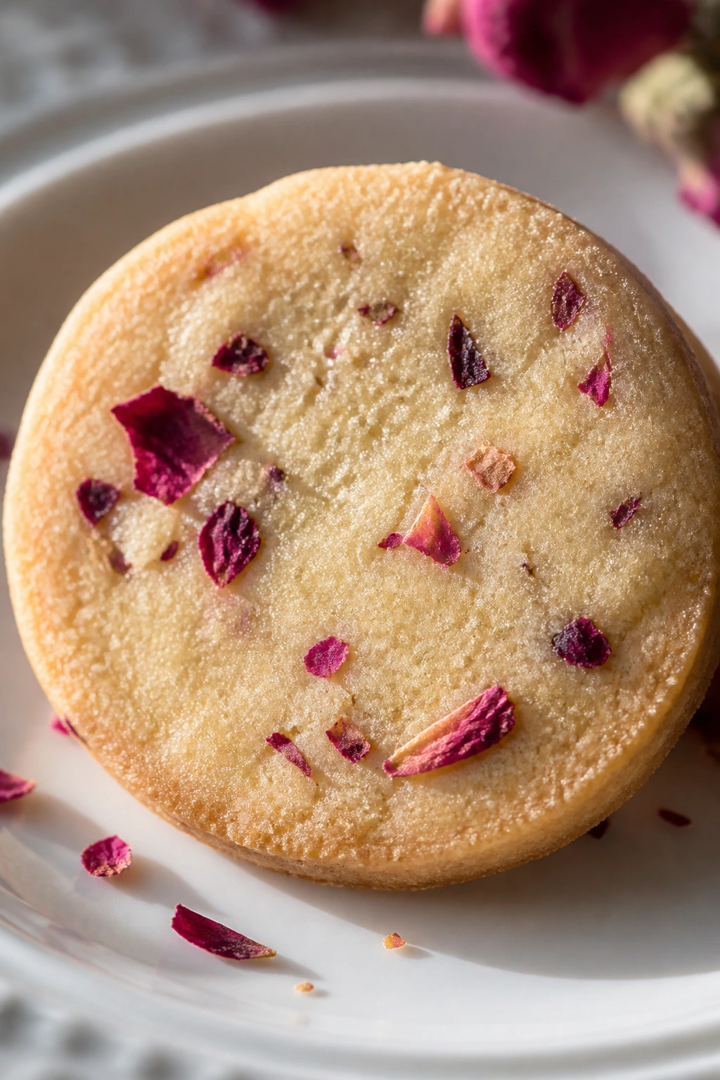 Rose shortbread cookie close-up on a plate