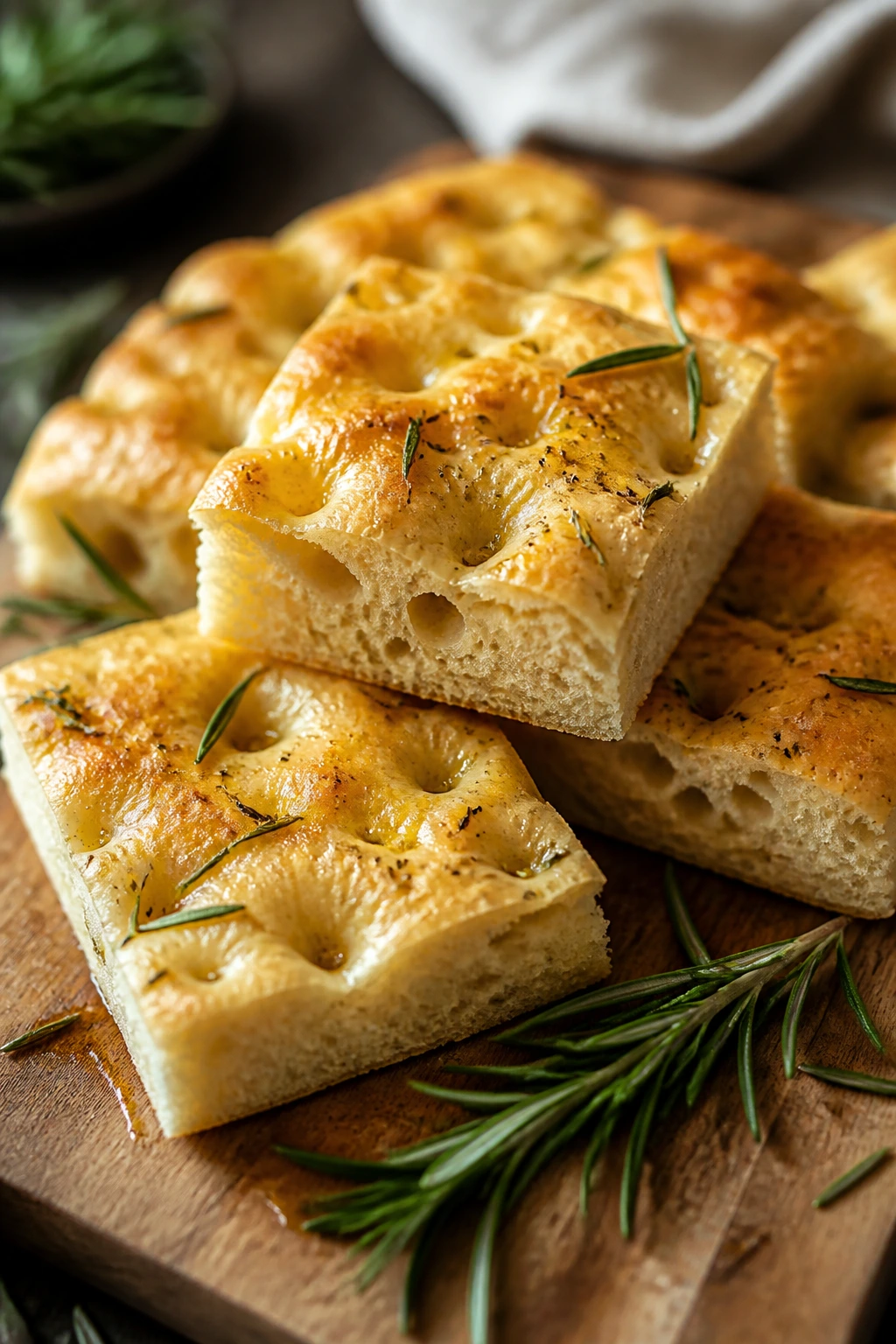 Close-up of rosemary focaccia squares with olive oil on a wooden board