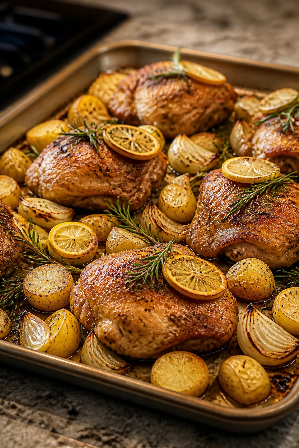 Rosemary lemon roast on sheet pan with potatoes and onions