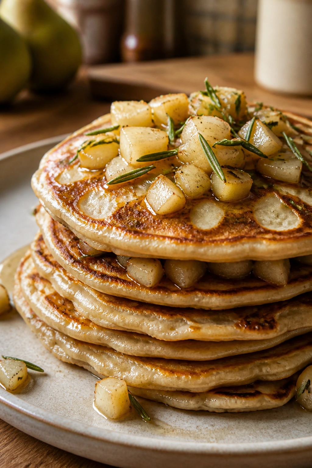 Close-up of rosemary pear pancakes with pear pieces and rosemary on top.