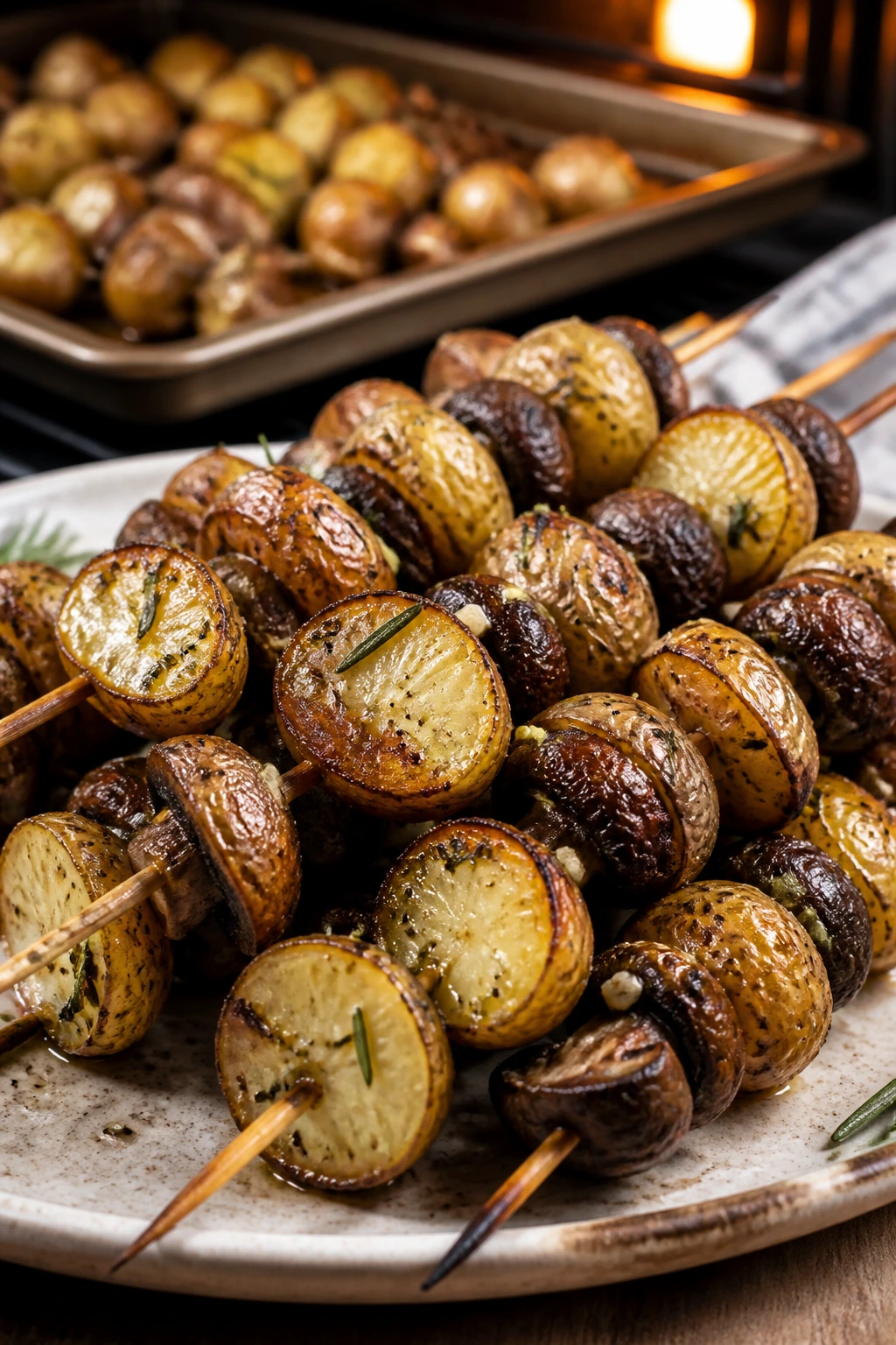 Close-up of rosemary potato and mushroom skewers with glaze