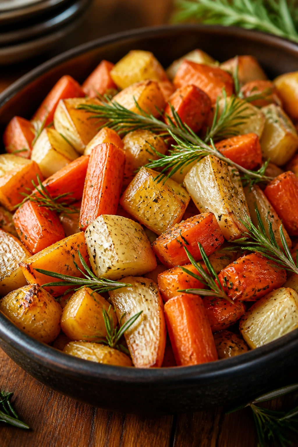 Roasted root vegetables with rosemary in a rustic bowl