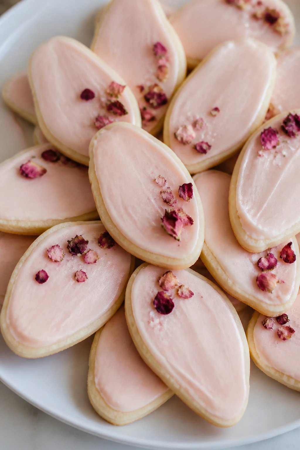 Close-up of pale-pink rosewater petal cookies on a white plate with glaze.