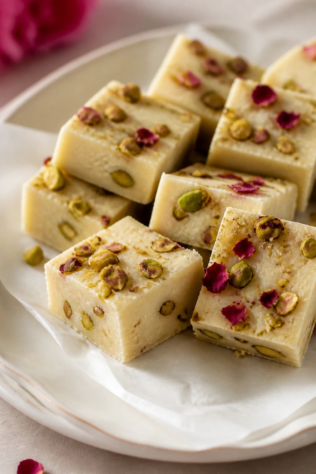 White chocolate fudge squares with pistachios on parchment