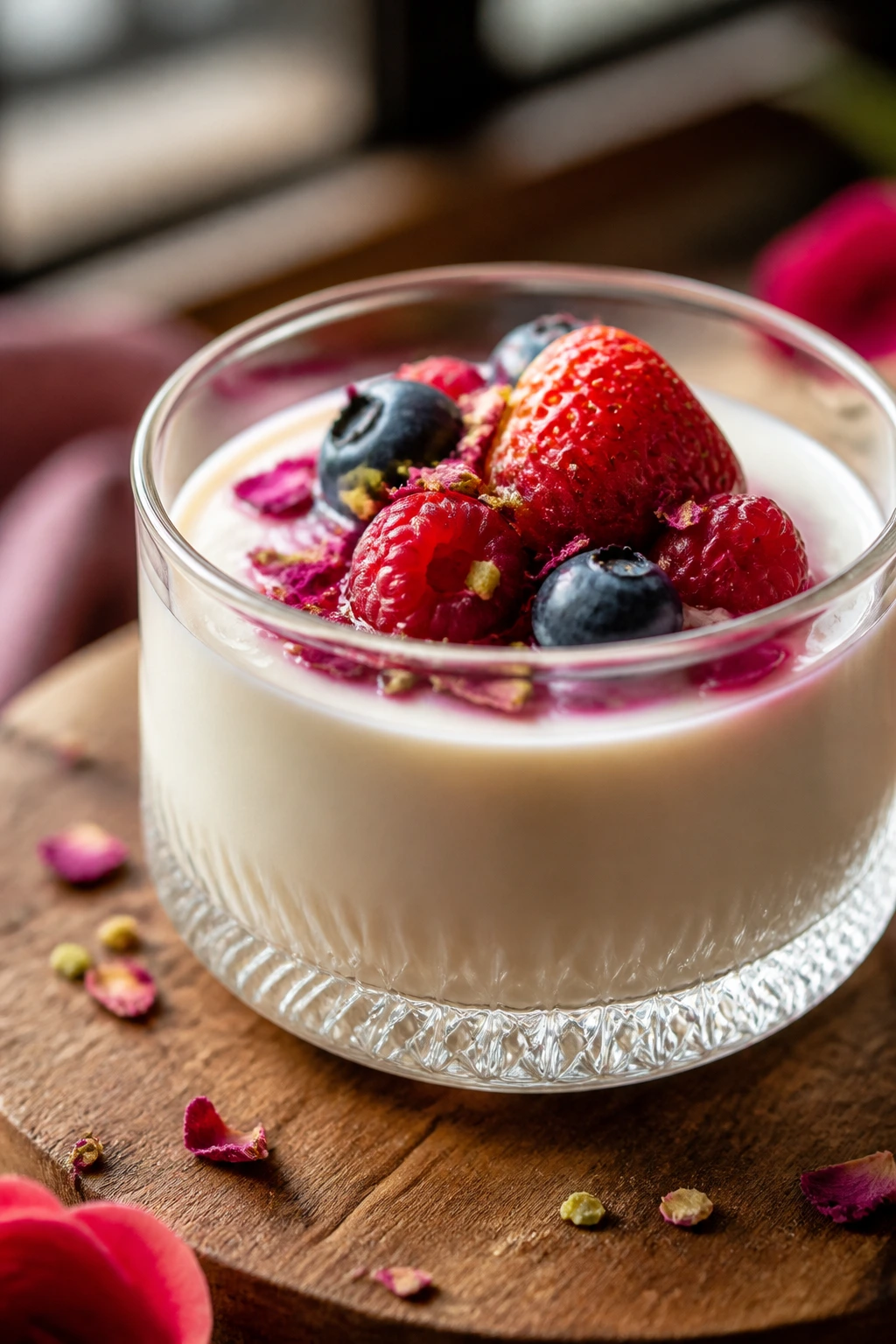 Panna cotta in a glass with berries on a wooden board