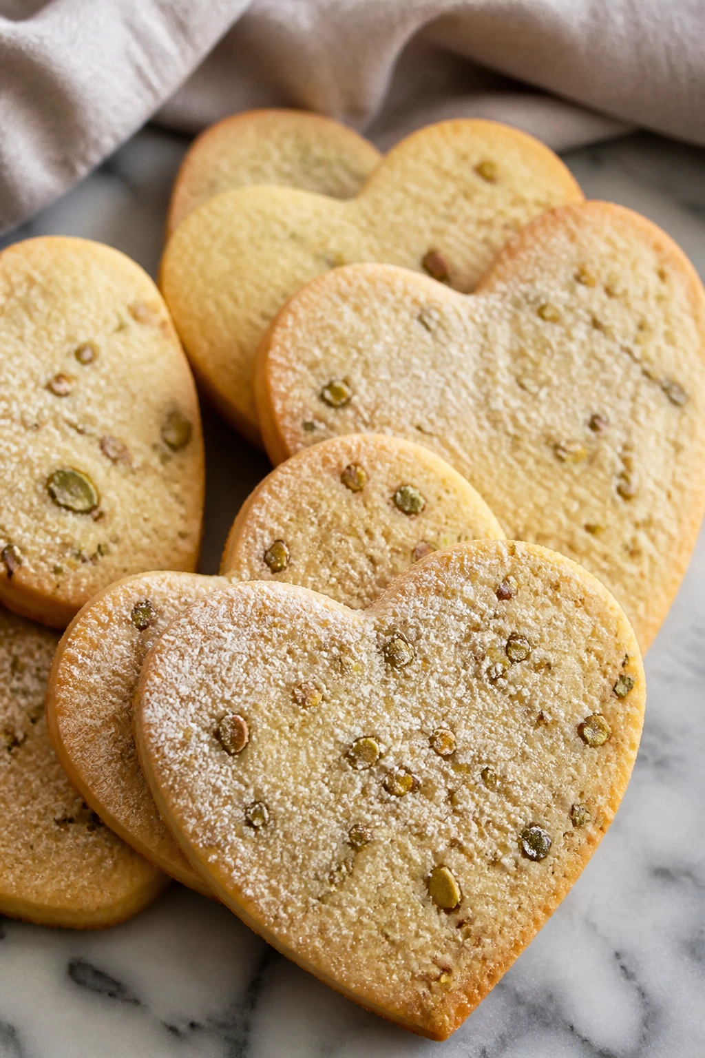 Close-up of rosewater shortbread cookies with pistachio flecks