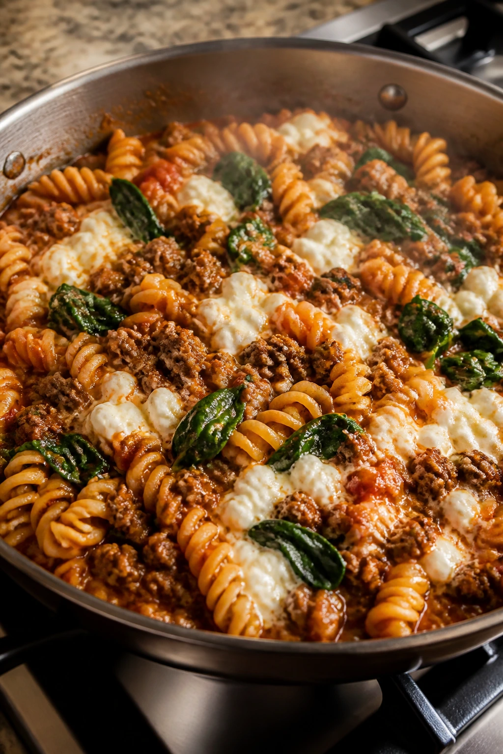 Skillet beef rotini with cottage cheese in creamy sauce