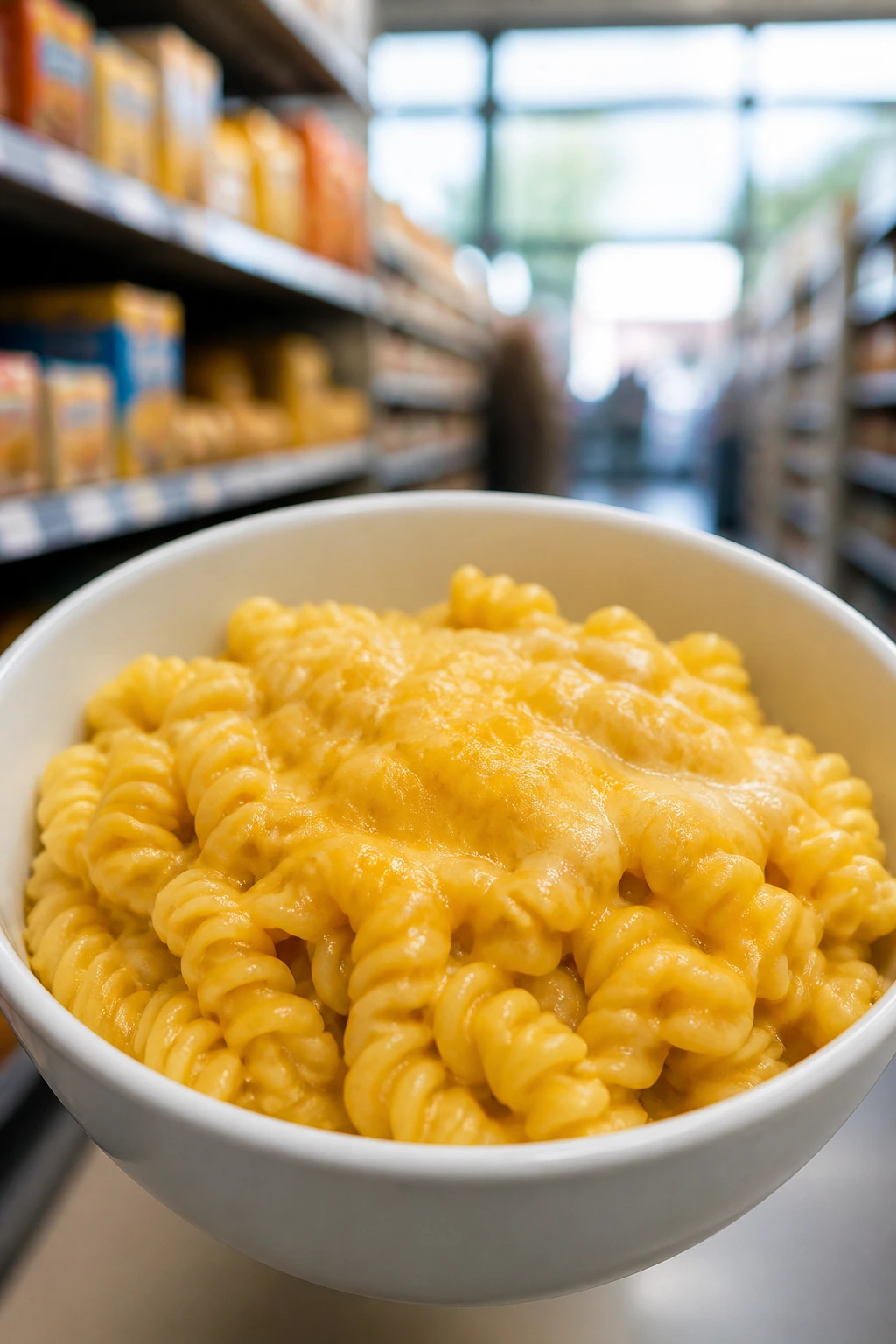 Close-up of rotini pasta with melted cheese in a grocery store setting