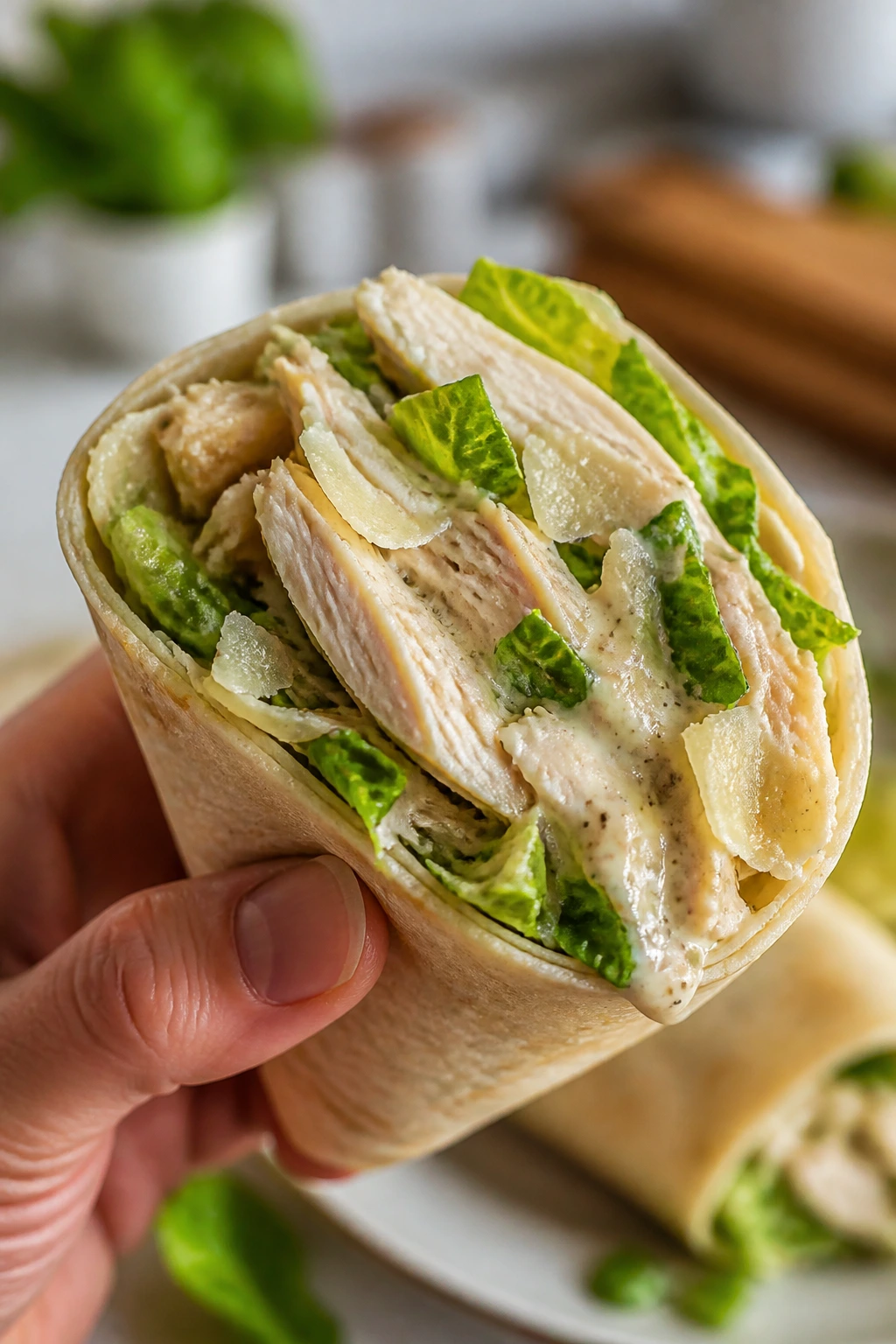 Close-up of a handheld rotisserie chicken Caesar wrap showing filling
