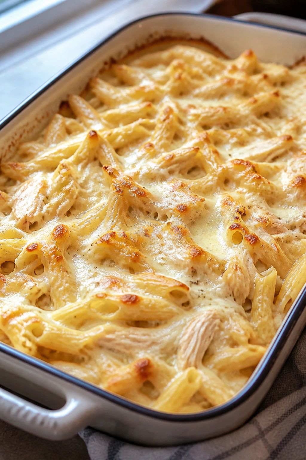 Close-up of Rotisserie Chicken Alfredo Bake bubbling in a baking dish