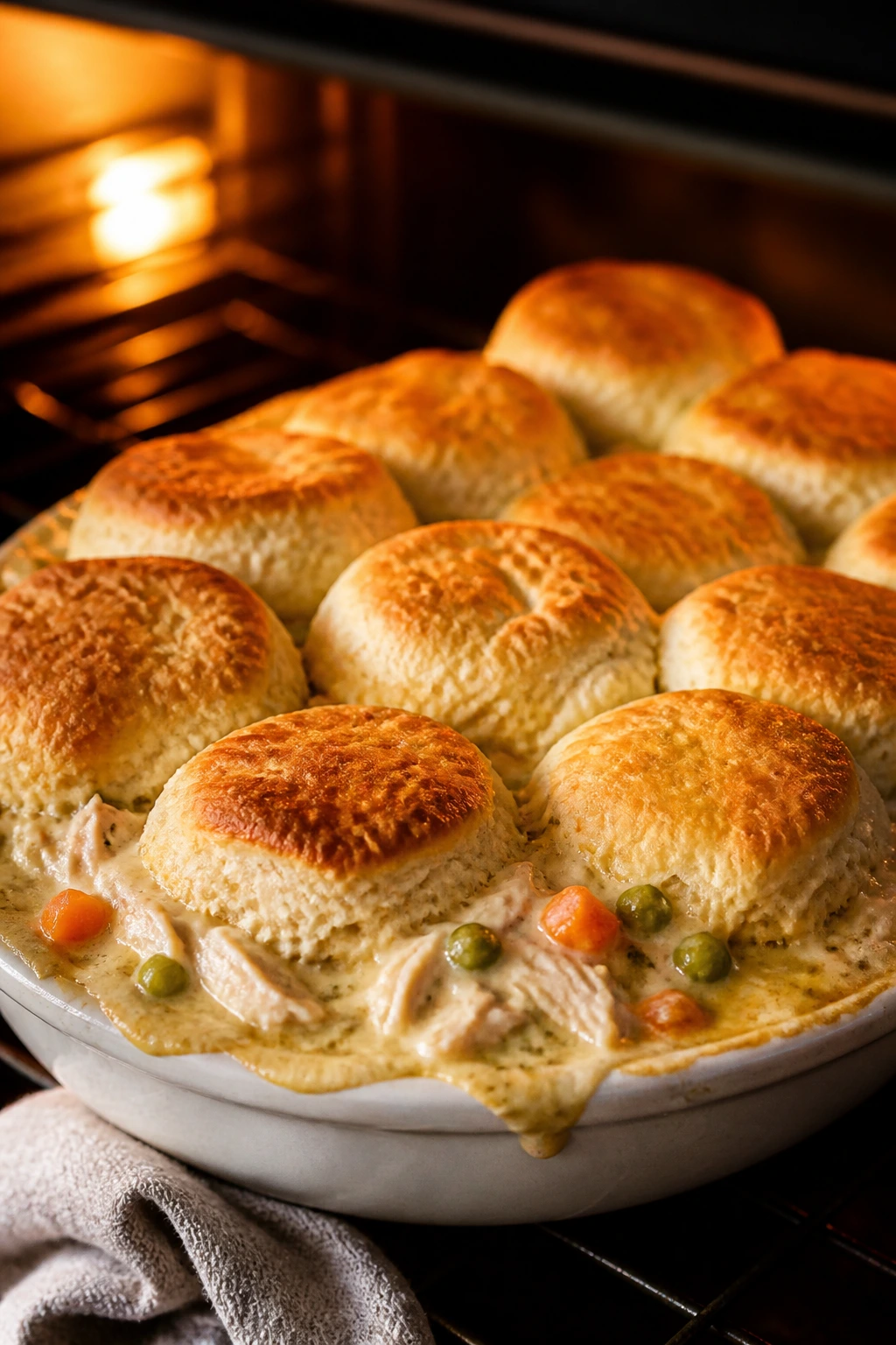 Biscuit-topped chicken pot in a baking dish